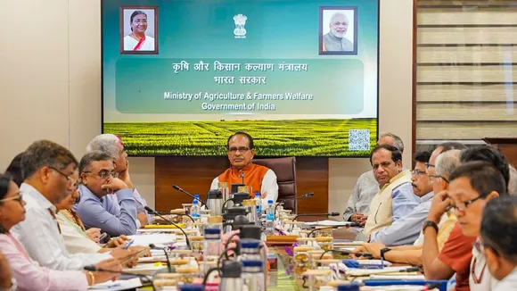 Union Minister of Agriculture, Farmers Welfare and Rural Development Shivraj Singh Chouhan holds a meeting regarding the 100-day action plan of the Ministry of Agriculture and Farmers Welfare, at Krishi Bhavan, in New Delhi.