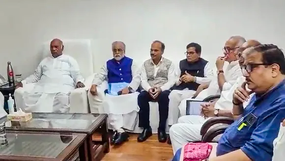Congress President and Leader of the Opposition in Rajya Sabha Mallikarjun Kharge in a meeting with other opposition leaders at his chamber in Parliament House during a special session, in New Delhi