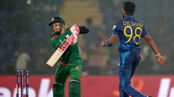 Bangladeshi batter Mushfiqur Rahim is bowled out during the ICC Men's Cricket World Cup match between Sri Lanka and Bangladesh, at the Arun Jaitley Stadium in New Delhi, Monday, Nov. 6, 2023. 