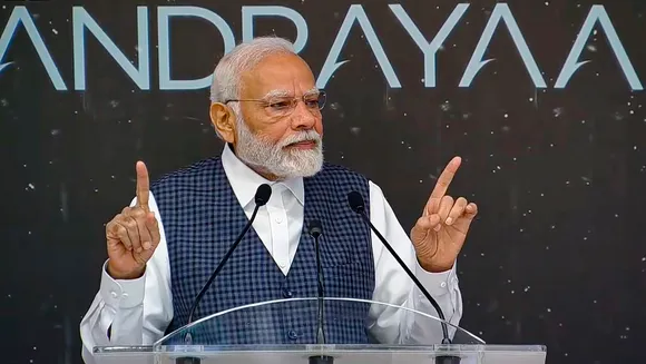 Prime Minister Narendra Modi addresses ISRO scientists on the successful soft landing of Chandrayaan-3 on the surface of the Moon at a gathering, in Bengaluru