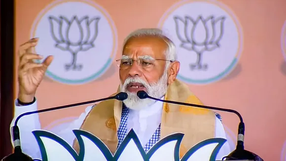 Prime Minister Narendra Modi addresses a public meeting ahead of Lok Sabha elections, in Nalbari district, Assam, Wednesday, April 17, 2024