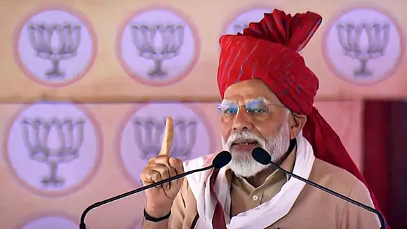 Prime Minister Narendra Modi addresses a public meeting ahead of Lok Sabha elections, in Churu, Rajasthan Friday, April 5, 2024