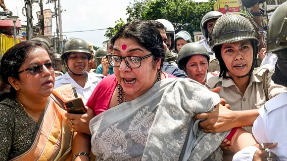 BJP leader Locket Chatterjee being detained during a protest rally amid the party's 12-hour general strike in Bengal to protest the police action Nabanna Abhijan rally, in Kolkata, Wednesday, Aug. 28, 2024.