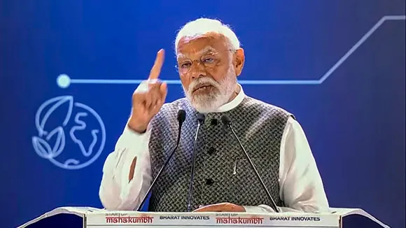 Prime Minister Narendra Modi addresses the 'Startup Mahakumbh' at the Bharat Mandapam, in New Delhi