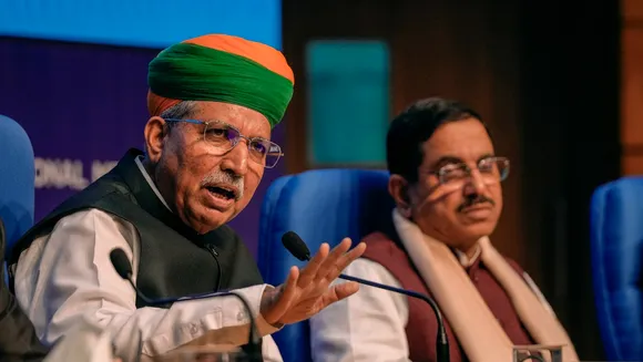 Union Law Minister Arjun Ram Meghwal speaks during a press conference, in New Delhi