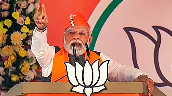 Prime Minister Narendra Modi addresses during a public meeting ahead of Madhya Pradesh Assembly elections, in Damoh district