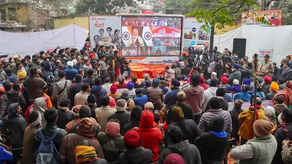 BJP leaders and workers during the 'Viksit Bharat Sankalp Yatra' programme, in New Delhi