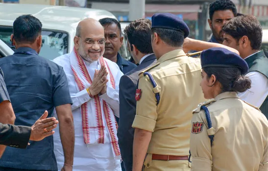Union Home Minister Amit Shah arrives to lay the foundation stone of 'Balidan Stambh' at Pratap Park, Lal Chowk, in Srinagar