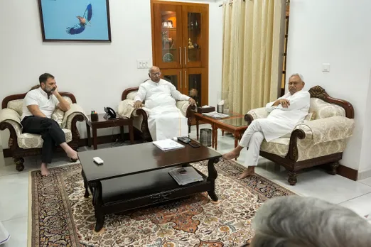 Bihar Chief Minister Nitish Kumar interacts with Congress President Mallikarjun Kharge and Congress leader Rahul Gandhi during a meeting