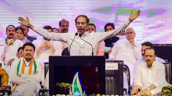 Former Maharashtra chief minister Uddhav Thackeray speaks during Maha Vikas Aghadi's (MVA) 'Vajramuth' public rally in Nagpur on April 16