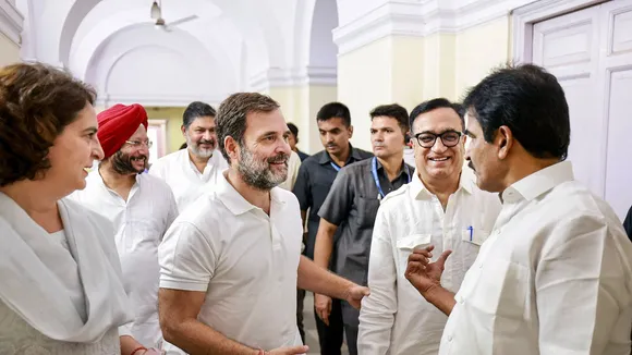 Congress leaders Rahul Gandhi with K C Venugopal, Priyanka Gandhi and Ajay Maken in New Delhi