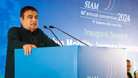 Union Minister Nitin Gadkari addresses a gathering on the Sustainable Mobility Journey Towards Viksit Bharat at the Inaugural Session of the 64th SIAM Annual Convention 2024, in New Delhi. 