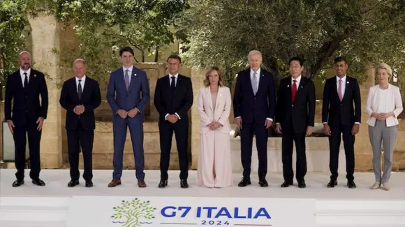 European Council President Charles Michel, German Chancellor Olaf Scholz, Canada's Prime Minister Justin Trudeau, French President Emmanuel Macron, Italian Premier Giorgia Meloni, U.S. President Joe Biden, Japan's Prime Minister Fumio Kish