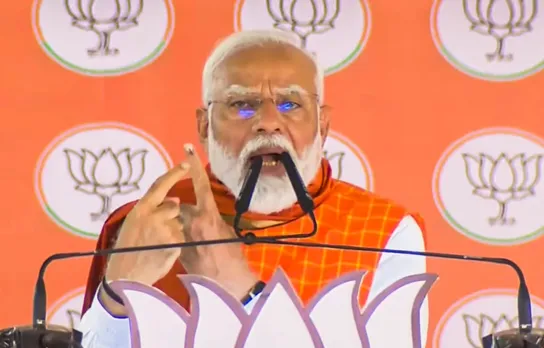 Prime Minister Narendra Modi addresses a public meeting for Lok Sabha polls in Khargone, Tuesday, May 7, 2024