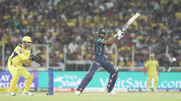 Gujarat Titans batter Vijay Shankar plays a shot during the IPL 2023 cricket match between Chennai Super Kings and Gujarat Titans at Narendra Modi Stadium on March 31