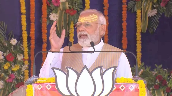 Prime Minister Narendra Modi speaks during a public meeting ahead of the Gujarat Assembly elections, at Veraval in Gir Somnath