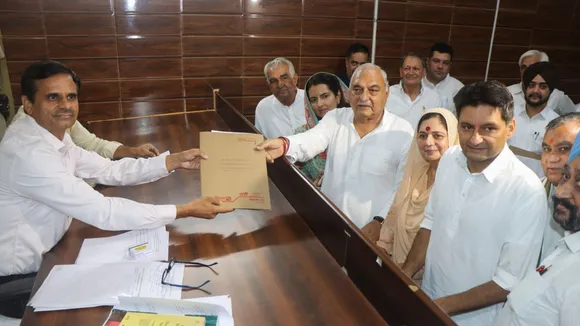 Congress candidate Bhupinder Singh Hooda files his nomination papers for Haryana Assembly elections, in Rohtak, Wednesday, Sept 11, 2024.