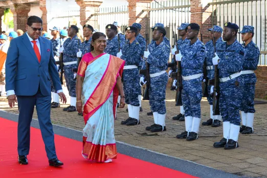 President Droupadi Murmu with Suriname President Chandrikapersad Santokhi receives state honours, in Suriname
