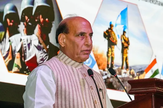 Defence Minister Rajnath Singh addresses the 75th anniversary event of ‘UN Peacekeepers Day’, in New Delhi