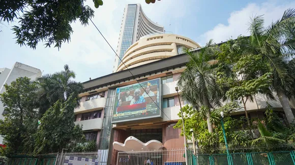 Digital screen at the facade of the BSE during the presentation of the Interim Budget 2024 in Parliament
