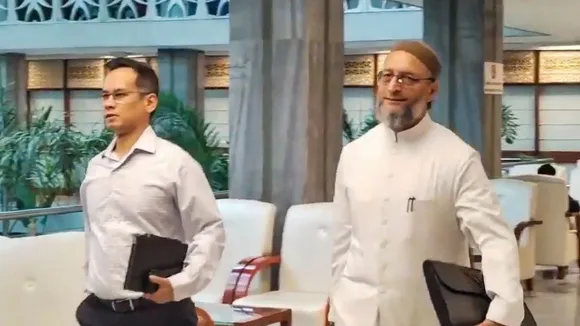 AIMIM MP Asaduddin Owaisi with Congress MP Gaurav Gogoi arrives for a Joint Parliamentary Committee meeting on the Waqf (Amendment) Bill 2024, in New Delhi, Monday, Oct. 14, 2024.