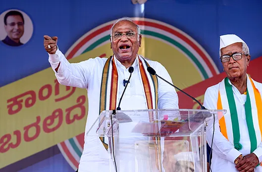 Congress President Mallikarjun Kharge addresses an election campaign meeting ahead of Assembly polls