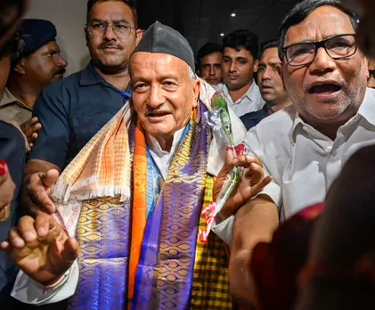 Former Maharashtra Governor Bhagat Singh Koshyari arrives at an airport as part of the Airport Tour, in Mumbai