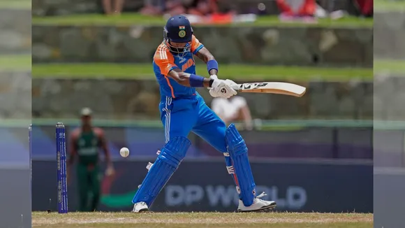 India's Hardik Pandya plays a shot during the ICC Men's T20 World Cup cricket match between India and Bangladesh