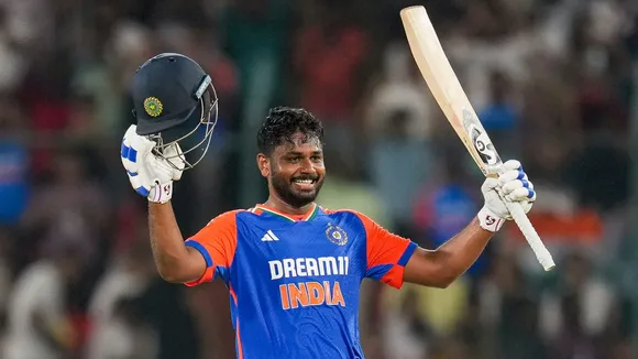 India's Sanju Samson celebrates his century during the third and final T20 International cricket match between India and Bangladesh at Rajiv Gandhi International Cricket Stadium, in Hyderabad, Saturday, Oct. 12, 2024.