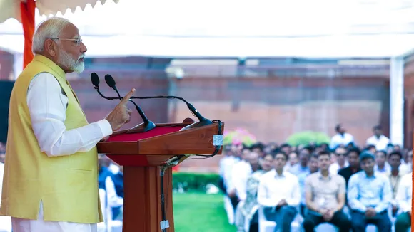 Prime Minister Narendra Modi addresses officials of the Prime Minister's Office (PMO), at South Block, in New Delhi, Monday, June 10, 2024.