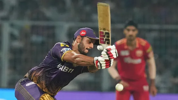 Kolkata Knight Riders batter Nitish Rana plays a shot against Punjab Kings on May 8
