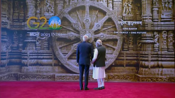 PM Narendra Modi explaining the importance of Konark Wheel replica to Joe Biden