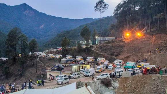 Ambulances on standby during the ongoing rescue operation of the 41 workers trapped inside the collapsed Silkyara Tunnel, in Uttarkashi district