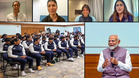 Prime Minister Narendra Modi interacts with the Indian contingent heading for the upcoming Paris Olympics.