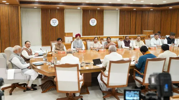 Prime Minister Narendra Modi with BJP National President JP Nadda during the BJP Central Election Committee meeting ahead of J&K and Haryana assembly polls, at BJP HQ in New Delhi, Sunday, Aug. 25, 2024.