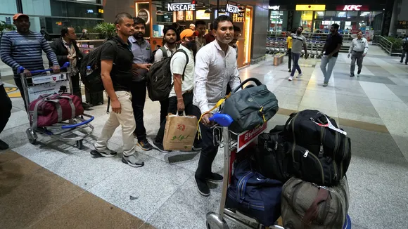 Indian nationals evacuated from violence-hit Sudan under Operation Kaveri on their arrival at the IGI Airport in New Delhi on April 26
