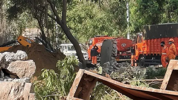 A view of the site where a man fell into a 40-ft-deep borewell, at a Delhi Jal Board water treatment plant, in New Delhi, on March 10