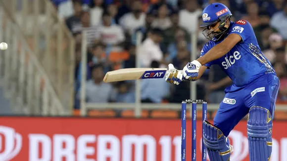 Rohit Sharma plays a shot during the IPL 2023 cricket match against Gujarat Titans on April 25