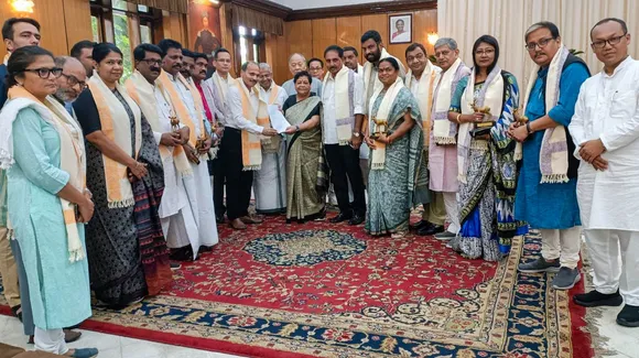  Congress MP Adhir Ranjan Chowdhury, AAP MP Sushil Gupta, TMC MP Sushmita Dev and other members of a delegation of opposition INDIA bloc alliance MPs submit a memorandum to Manipur Governor Anusuiya Uikey on their observations after visiting the northeastern state, at Raj Bhavan, in Imphal, Sunday, July 30