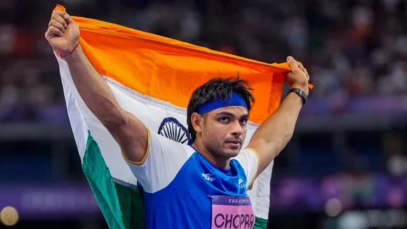 India's Neeraj Chopra after winning silver in the men's javelin throw final at the 2024 Summer Olympics, in Paris, France, Thursday, Aug. 8, 2024.