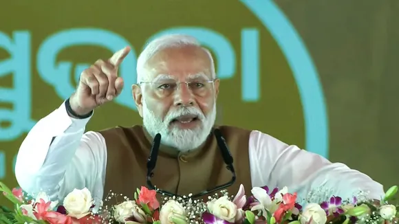Prime Minister Narendra Modi speaks during laying of foundation stone and inauguration of development works, in Bhubaneswar, Odisha, Tuesday, Sept. 17, 2024.
