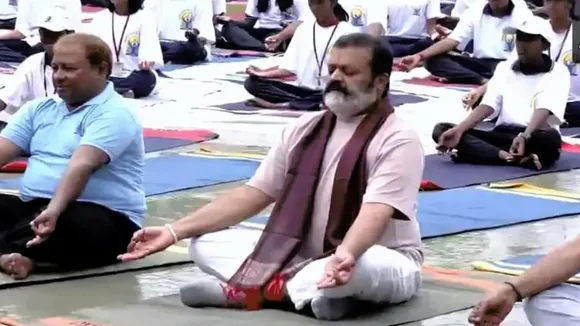 Union Minister of State Suresh Gopi during yoga day celebration at Kovalam Arts and Crafts Village.