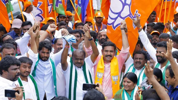 HD Kumaraswamy, Nikhil Kumaraswamy, B Y Vijayendra, R Ashoka and others take part in Bengaluru-Mysuru padyatra against the alleged MUDA scam and Valmiki Corporation scam, in Ramnagar near Bengaluru, Monday, Aug 5, 2024.