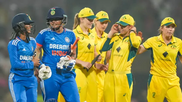 India's batters Shafali Verma and Jemimah Rodrigues after India won the T20I cricket match against Australia, at DY Patil stadium, in Navi Mumbai, Friday, Jan. 5, 2024. India won by 9 wickets.