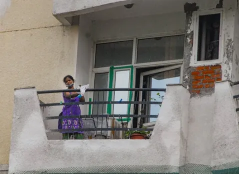 Damage at a nearby apartment as an impact of the demolition of Supertechs twin towers, in Noida