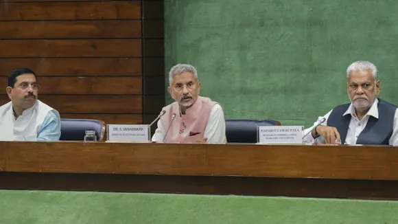 External Affairs Minister S. Jaishankar with Union Ministers Pralhad Joshi and Parshottam Rupala during a meeting with Floor Leaders of political parties regarding Present Situation in Sri Lanka, in New Delhi, Tuesday, July 19