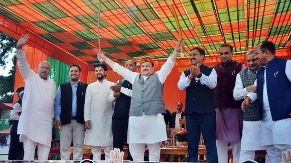 BJP President JP Nadda and I&B Minister Anurag Thakur at a programme in Shimla on Saturday