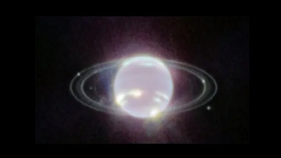 Webb's NIRCam first image of Neptune, taken on 12 July 2022, brings the planet's rings into full focus for the first time in more than three decades. The most prominent features of Neptune's atmosphere in this image are a series of bright patches in the planet's southern hemisphere that represent high-altitude methane-ice clouds. More subtly, a thin line of brightness circling the planet's equator could be a visual signature of global atmospheric circulation that powers Neptune's winds and storm