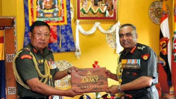 COAS Manoj Pande with Bhutan Army Chief Lt Gen Batoo Tshering at National Memorial Chhorten, in Thimphu on Saturday