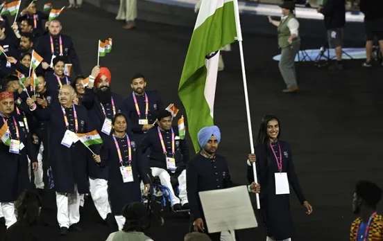 Joint- flagbearers PV Sindhu and Manpreet Singh lead the Indian contingent during the opening ceremony of Commonwealth Games 2022 (CWG), at the Alexander Stadium in Birmingham